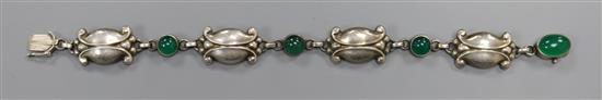 A Danish Georg Jensen sterling silver and cabochon green agate set seed and pod bracelet, no. 11, 18cm.